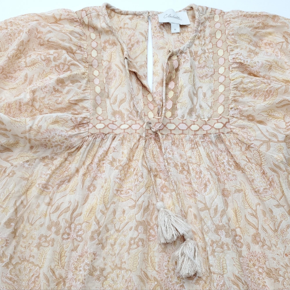 CLEOBELLA Revolve Rosy Mini Dress in Tamil Block Print Tan Boho Organic Cotton M - Picture 6 of 11